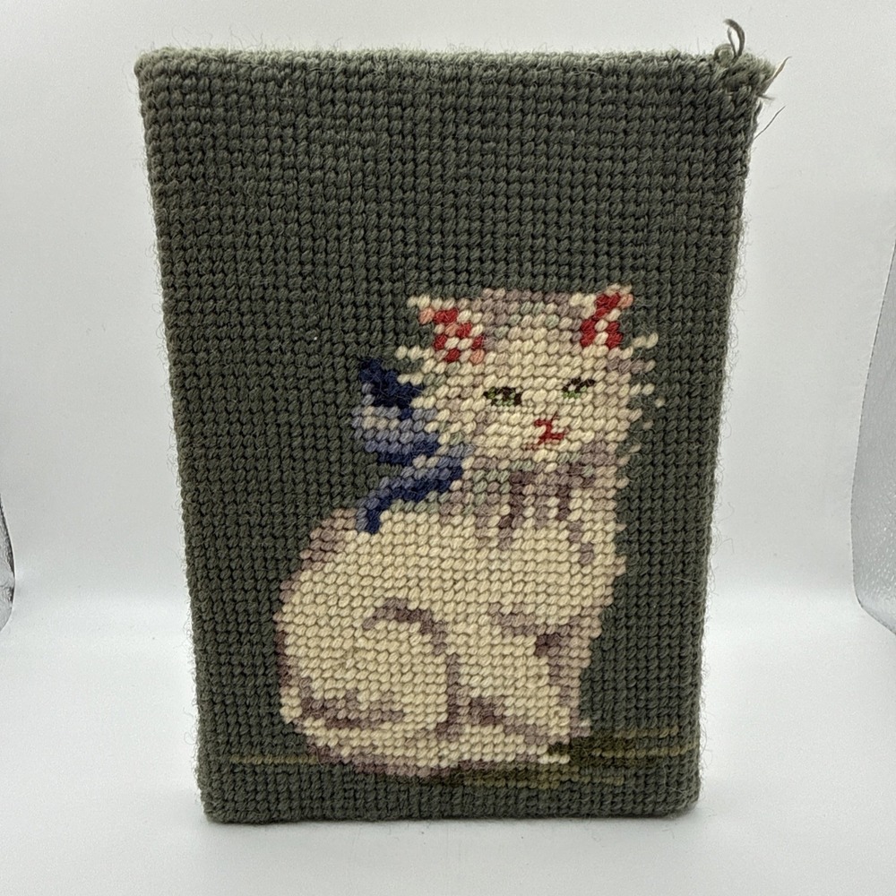 Handcrafted Needlepoint Cat Doorstop Heavy Wooden Wedge Door Holder Accent